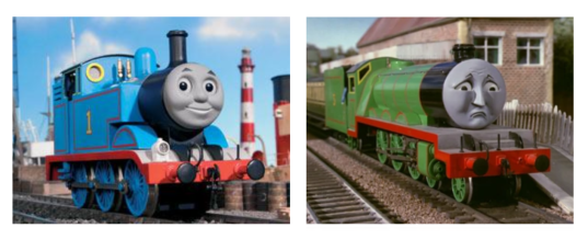 Thomas the Tank Engine smiling, Henry looking sad